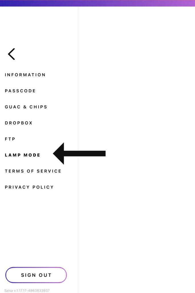 Select Lamp Mode in Salsa App settings